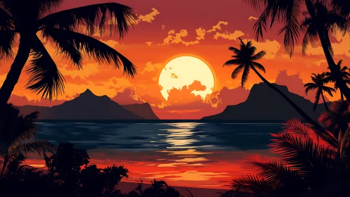 Tropical ocean sunset with silhouetted palms and distant islets