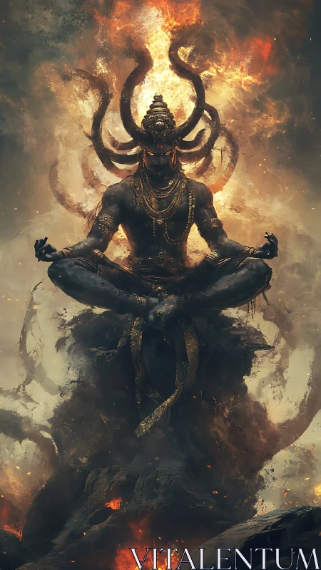 Mythic multi-armed deity figure in fiery meditative pose.
