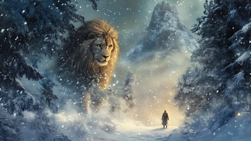 Colossal winter lion guards a lone wanderer&rsquo;s glowing path.