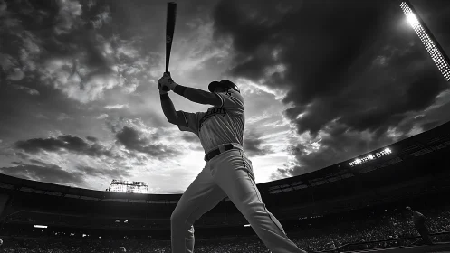 Powerful baseball batter waits under dramatic stormy sky