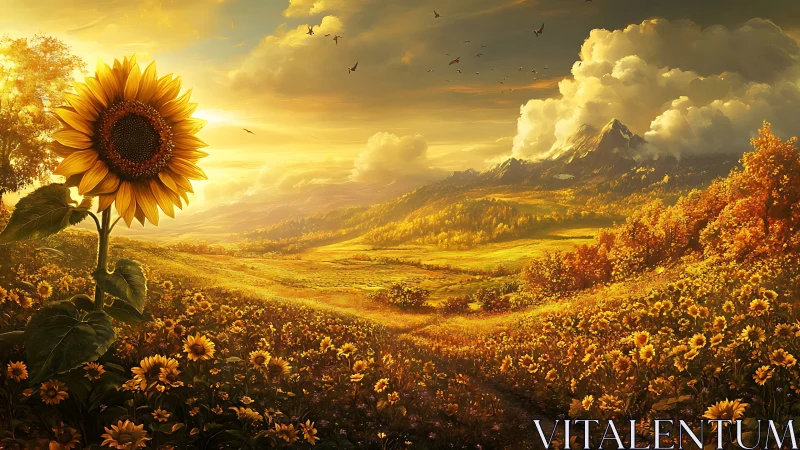 Sunlit sunflower valley rendered with atmospheric depth and golden haze