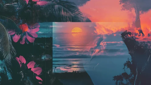 Layered tropical sunset collage merges seascape and flora forms