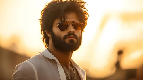 Bearded man in aviator sunglasses under warm sunset glow.