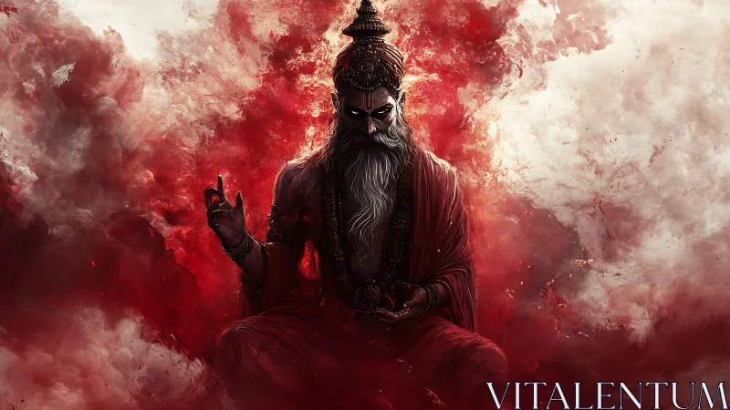 Digital painting of ascetic deity in crimson atmospheric shroud.