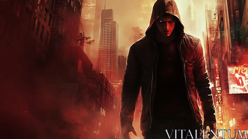 Hooded antihero stands in smoke-filled dystopian city canyon