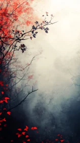 Scarlet autumn branches pierce dense silver forest mist