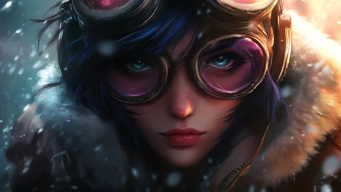 Portrait shows pilot goggles, fur collar and falling snow