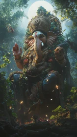 Moonlit forest deity leans forward as jeweled foliage glows