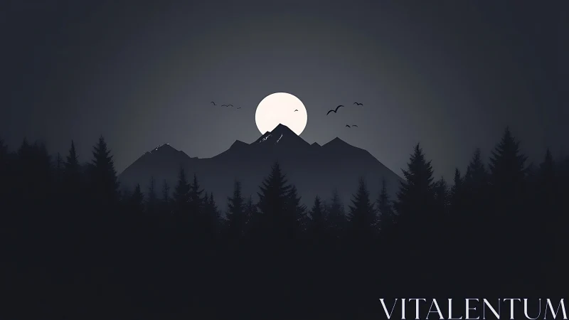 Minimalist moonlit mountain range behind dark pine forest.