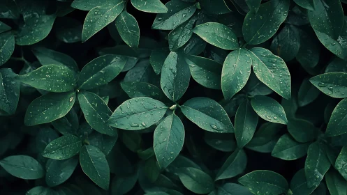 Wet green leaves fill frame with dense overlapping foliage