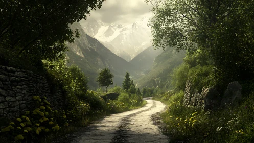 Curved mountain road framed by dense foliage and distant snowy peaks