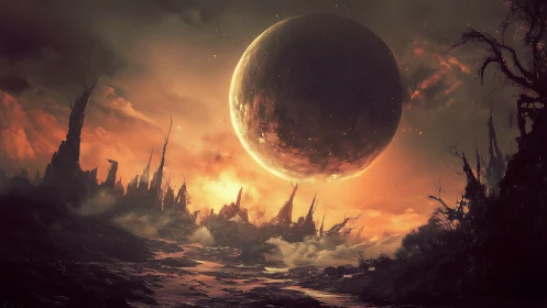 Planetary sphere above eroded alien landscape at dusk.