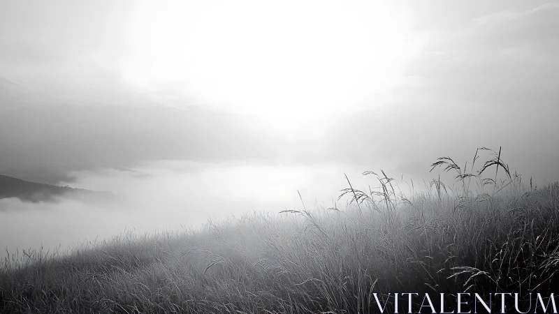 Foggy hillside meadow under bright overcast sky at dawn