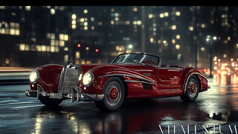 Vintage red roadster gliding through a glowing city night.