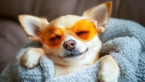 Cozy chihuahua portrait with amber sunglasses and blanket.