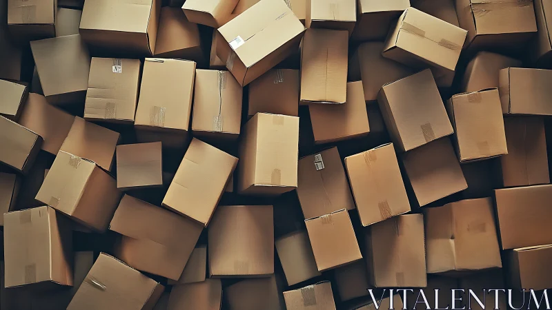 Dense overhead array of taped cardboard shipping boxes in storage