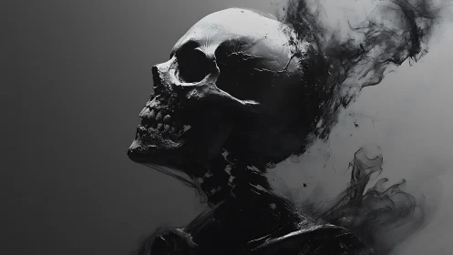 Smoke-born skull laughs softly into a dissolving twilight