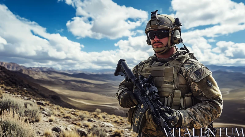 Soldier in modern combat gear standing in open mountain terrain.