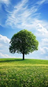 Solitary deciduous tree on grassy hill under clouded sky.