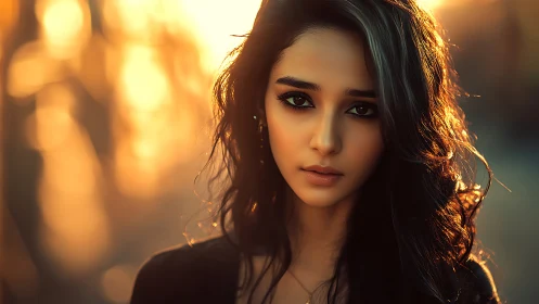 Golden hour portrait with intense gaze and soft bokeh glow.