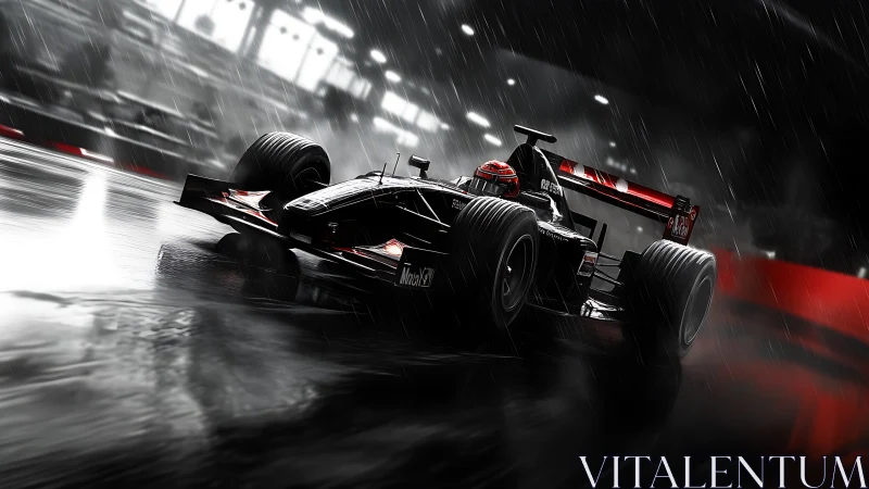 Night rain grand prix racer carving sparks into the track.