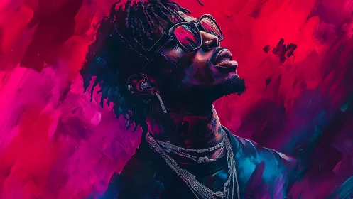 Digital portrait of man in sunglasses on neon abstract field.