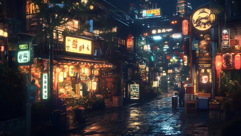 Cyberpunk night market street with neon signage and rain-soaked stone.