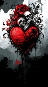 Ornate Heart with Skulls and Floral Elements.