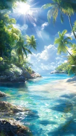 Tropical Cove with Turquoise Waters and Palm Trees.