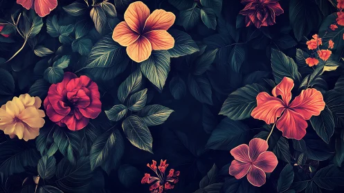 Botanical Nocturne: Vibrant Floral Composition Against Deep Indigo Background.