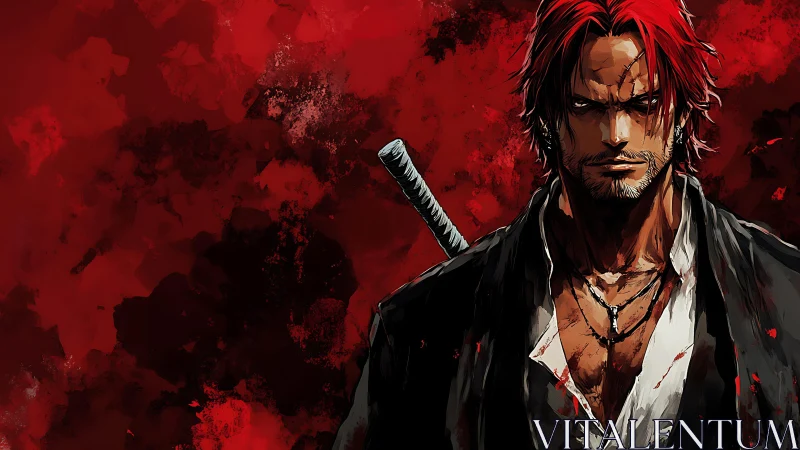 Red haired swordsman in stylized blood red abstract backdrop