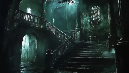 Gothic grand staircase in decayed mansion under eerie teal light