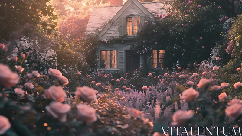 Golden Hour Cottage: Blooming Garden Dreamscape with Architectural Warmth.
