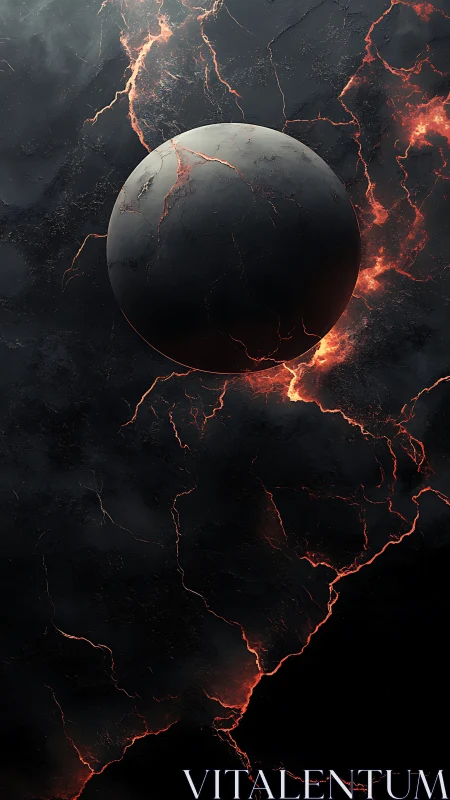 Dark spherical object over fractured molten surface.