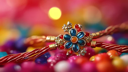 Floral gemstone rakhi rests amid vivid festive colors.