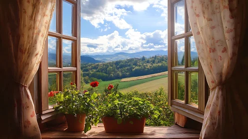 Open wooden window with potted plants facing rural valley.