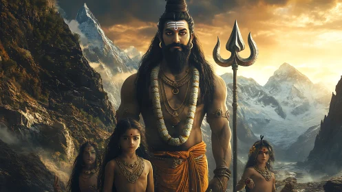 Mythic mountain deity and children in cinematic digital tableau.