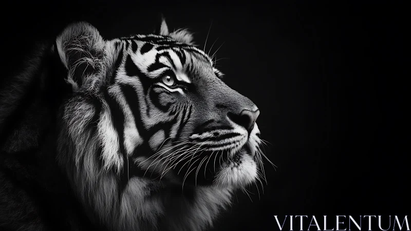Monochrome tiger portrait in dramatic low key side lighting.