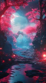 Dreamlit river slips through neon blossoms toward the sky gate