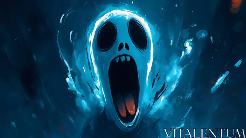 Ghostly blue scream face in swirling digital darkness.