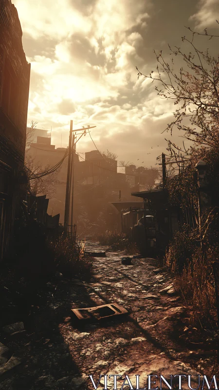 Sunburned ruins exhale dusk light down a broken alleyway