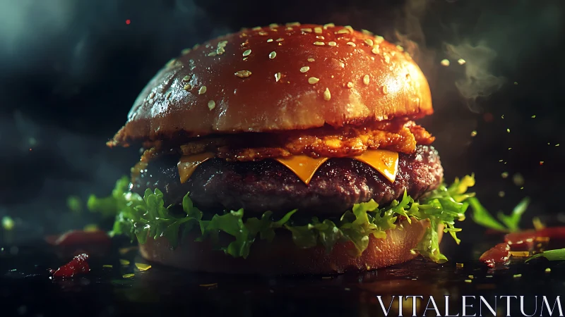 Sizzling midnight burger stacked with smoky cheese drama.