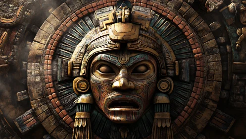 Ancient stone sun mask glows with mysterious divine energy