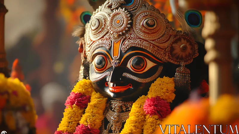 Ornate Hindu deity idol framed with marigold garlands in bokeh light