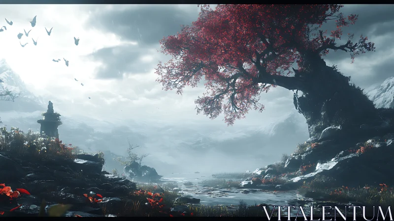 Solitary red tree above misted river in mountain valley.