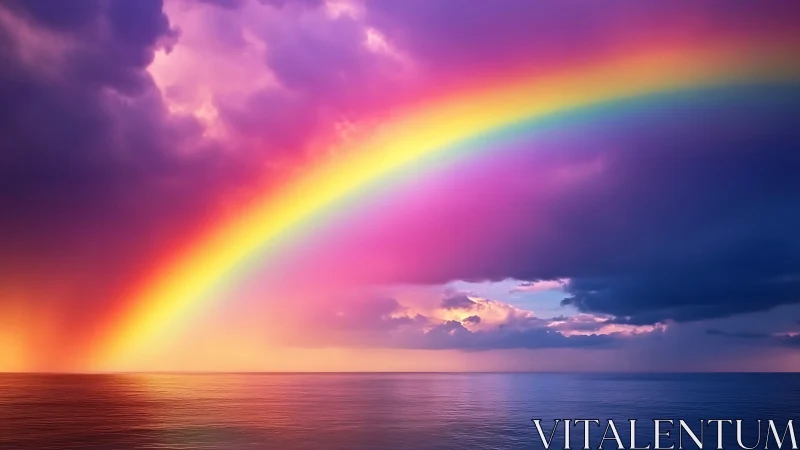 Spectral coastal rainbow arch under saturated storm clouds