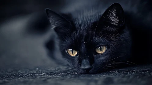 Black feline with aureate irides exhibits marked photographic tonality and atmospheric depth
