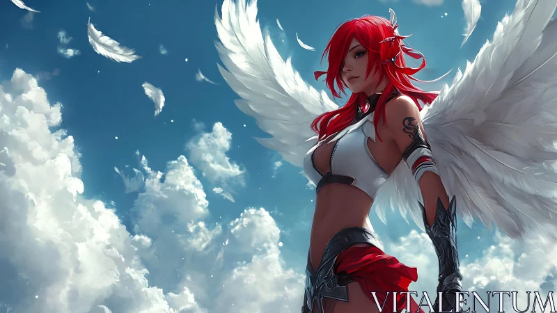 Crimson haired winged warrior angel in luminous cloudscape
