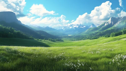 Parametric alpine valley panorama under volumetric daylight.