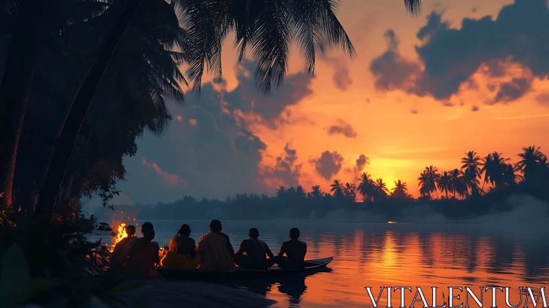 Sunset gathering by a glowing riverside campfire.